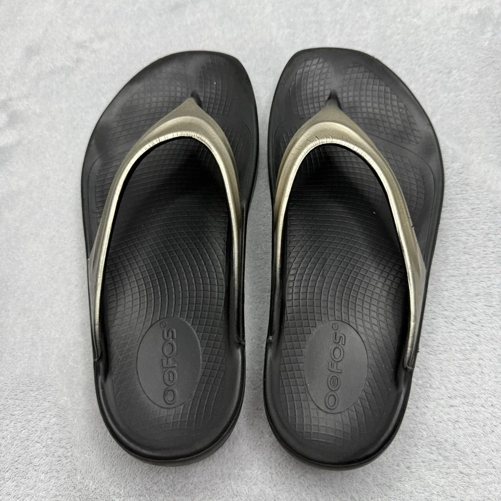 OOFOS OOlala Sandals Women's 6 Black Gold Metallic Recovery Flip Flops EU 37